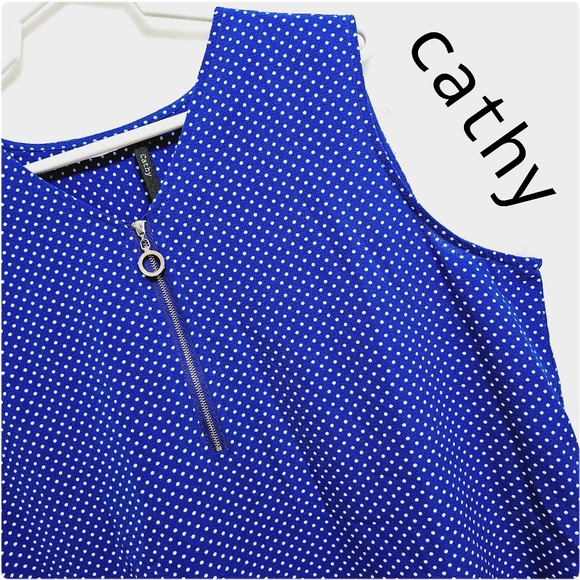 By Cathy, Cobalt Blue Polka Dots Zippered Sleeveless Top, Size XL - Picture 2 of 14